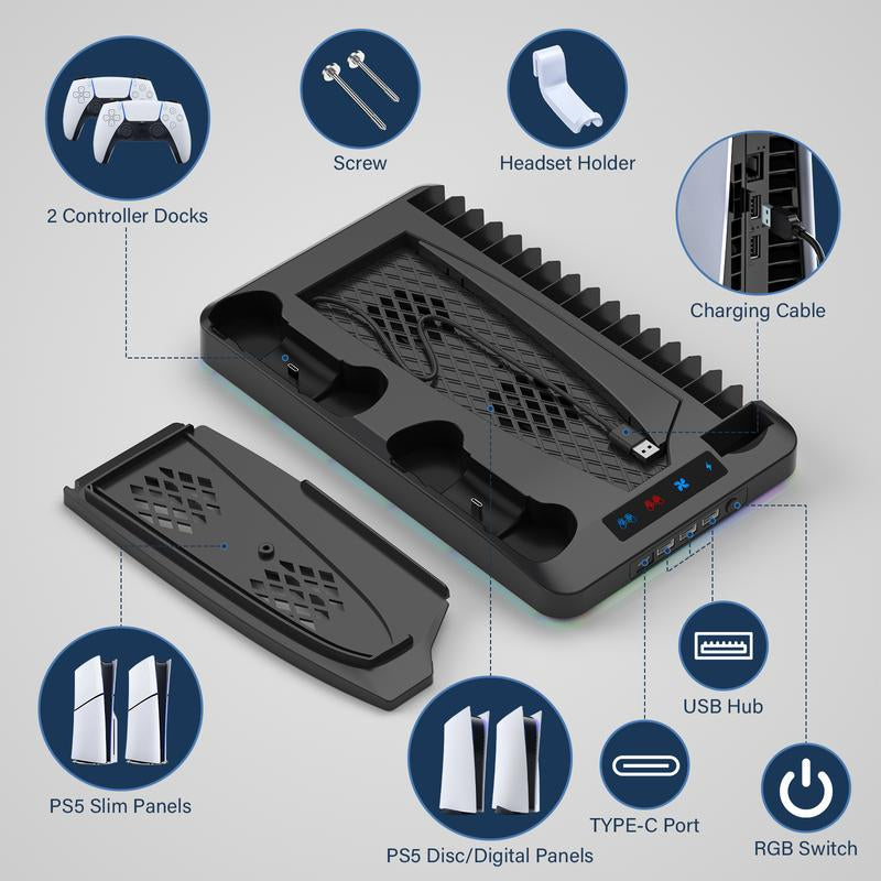 2025 Upgraded Cooling Station for Ps5/Slim Console with Dual PS 5 Controller Charger,Dual Tubor Fan,3 USB Hubs