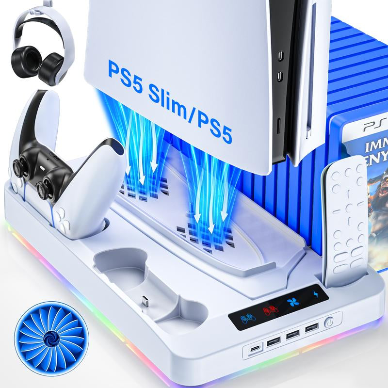 2025 Upgraded Cooling Station for Ps5/Slim Console with Dual PS 5 Controller Charger,Dual Tubor Fan,3 USB Hubs