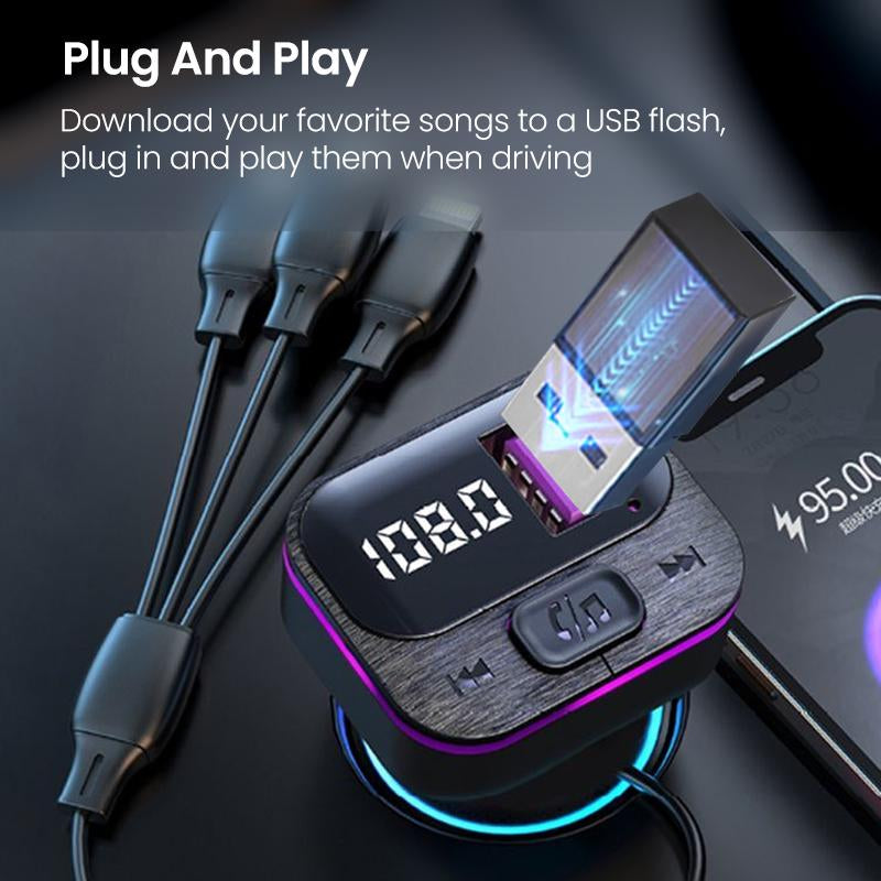 5 in 1 Car Charger with 3 Expansion Cables and Wireless Music Adapter for High-Quality Charging Experience Type C Charger