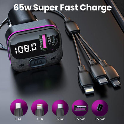 5 in 1 Car Charger with 3 Expansion Cables and Wireless Music Adapter for High-Quality Charging Experience Type C Charger