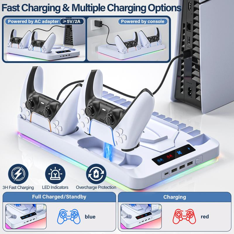 2025 Upgraded Cooling Station for Ps5/Slim Console with Dual PS 5 Controller Charger,Dual Tubor Fan,3 USB Hubs