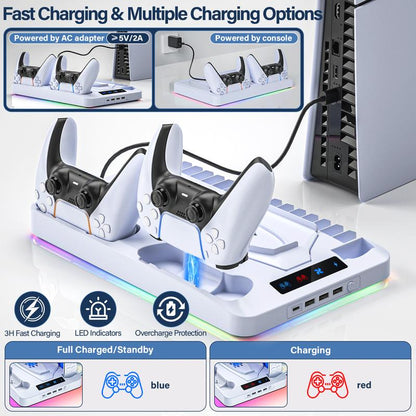 2025 Upgraded Cooling Station for Ps5/Slim Console with Dual PS 5 Controller Charger,Dual Tubor Fan,3 USB Hubs