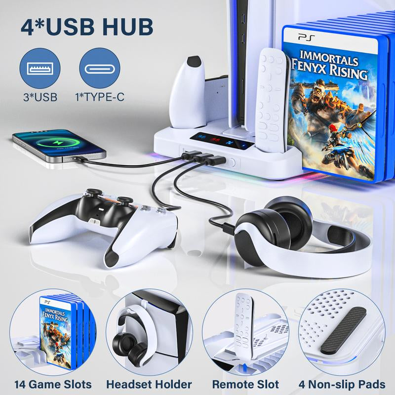 2025 Upgraded Cooling Station for Ps5/Slim Console with Dual PS 5 Controller Charger,Dual Tubor Fan,3 USB Hubs