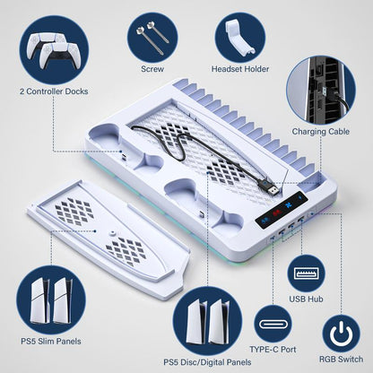 2025 Upgraded Cooling Station for Ps5/Slim Console with Dual PS 5 Controller Charger,Dual Tubor Fan,3 USB Hubs