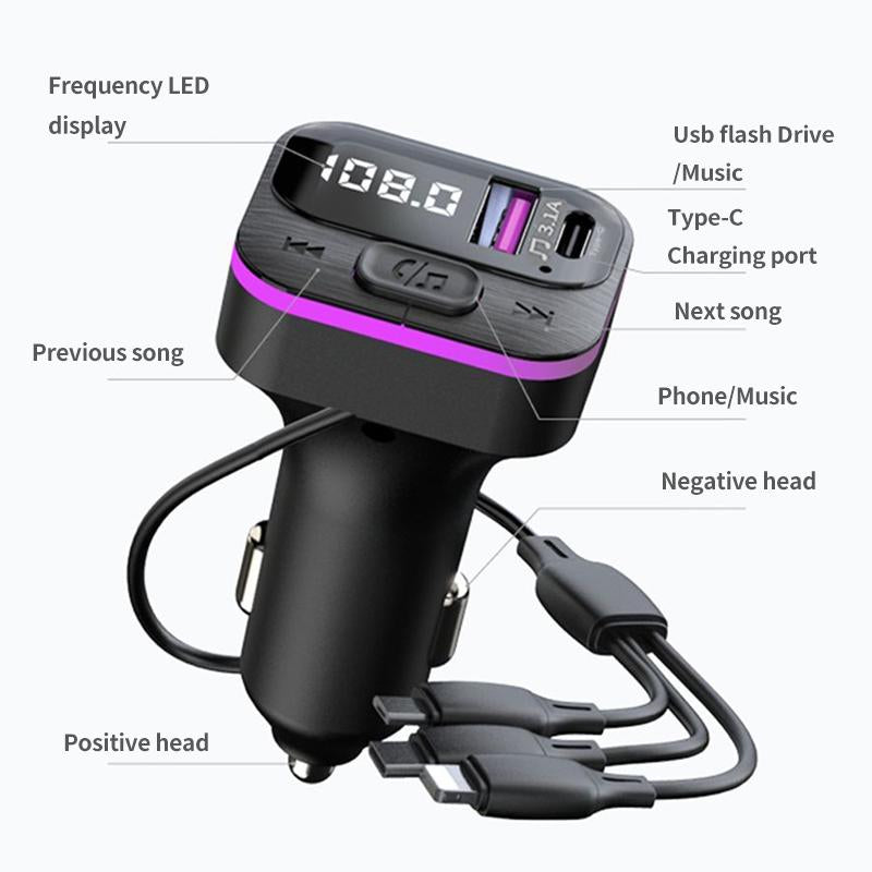 5 in 1 Car Charger with 3 Expansion Cables and Wireless Music Adapter for High-Quality Charging Experience Type C Charger