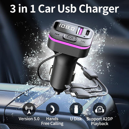 5 in 1 Car Charger with 3 Expansion Cables and Wireless Music Adapter for High-Quality Charging Experience Type C Charger