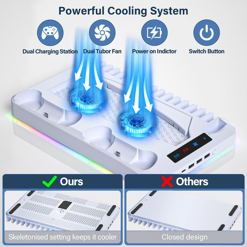 2025 Upgraded Cooling Station for Ps5/Slim Console with Dual PS 5 Controller Charger,Dual Tubor Fan,3 USB Hubs